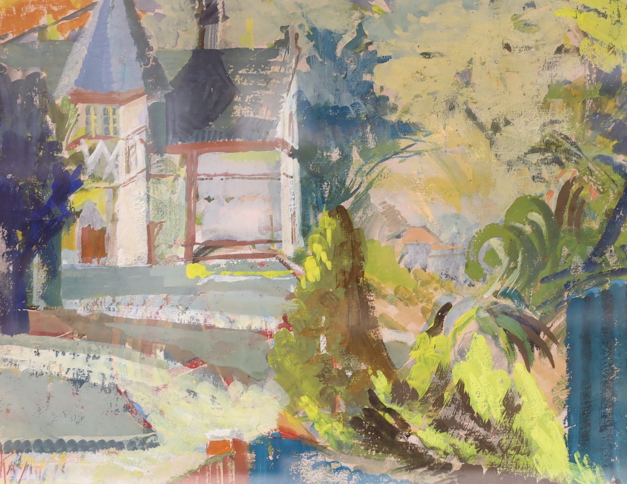 Ray Howard-Jones (b.1903), gouache and watercolour, House and garden, signed, Abbott & Holder label verso, 22 x 29cm